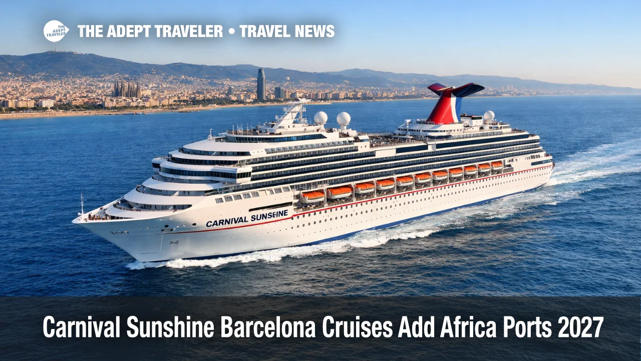 Carnival Sunshine Mediterranean cruises underway off Barcelona, highlighting new 2027 Africa port calls and eclipse timing