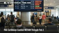 Caribbean FAA caution NOTAM prompts travelers to check delays on a San Juan airport departures board