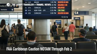 Caribbean FAA caution NOTAM prompts travelers to check delays on a San Juan airport departures board