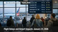 US airport flight delays January 23, 2026 shown on a departures board under overcast skies inside a major hub terminal