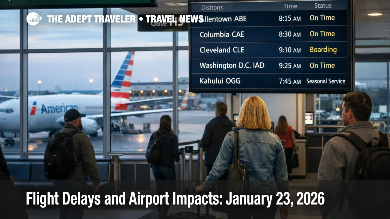 US airport flight delays January 23, 2026 shown on a departures board under overcast skies inside a major hub terminal