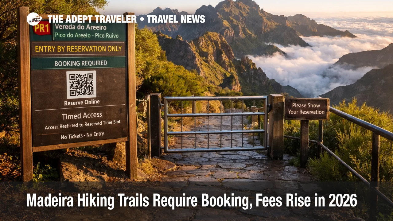 Madeira hiking fees 2026, a Pico do Areeiro trailhead sign shows timed entry booking and access control for hikers