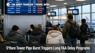 O'Hare tower pipe burst delays show on departures board as travelers wait at Chicago O'Hare gates