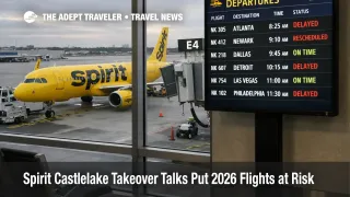 Spirit Airlines Castlelake takeover talks backdrop, Spirit jet at FLL gate as travelers watch 2026 schedule changes