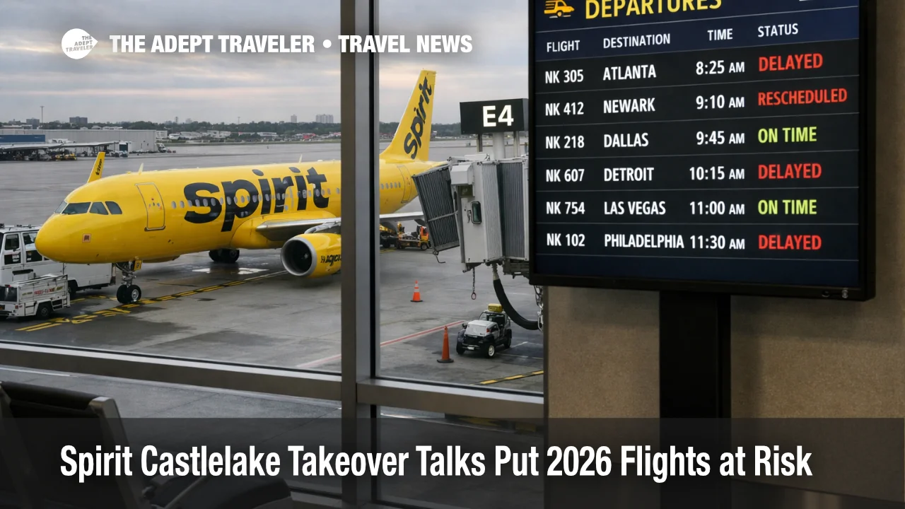 Spirit Airlines Castlelake takeover talks backdrop, Spirit jet at FLL gate as travelers watch 2026 schedule changes