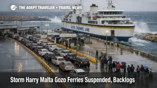 Storm Harry Malta Gozo ferries backlog at Ċirkewwa terminal as cars queue under overcast seas