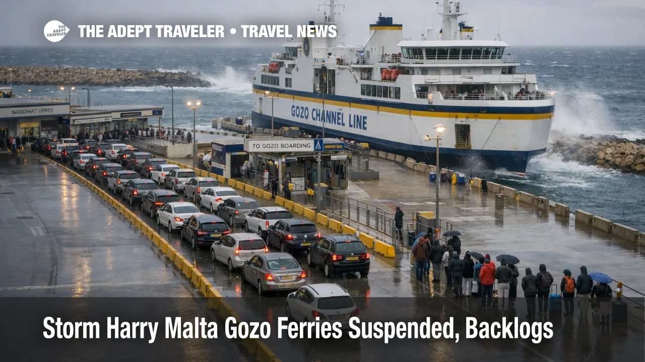 Storm Harry Malta Gozo ferries backlog at Ċirkewwa terminal as cars queue under overcast seas