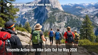 Yosemite Active-ism hiking trip demand shows a guided hiking group on a Yosemite Valley trail with Half Dome ahead