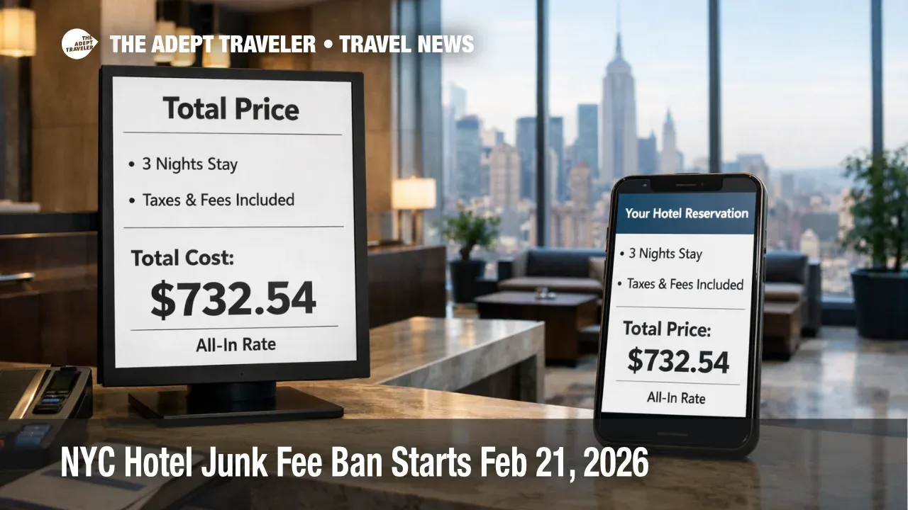 NYC hotel junk fee ban, hotel lobby display shows all in total pricing so travelers avoid surprise mandatory fees