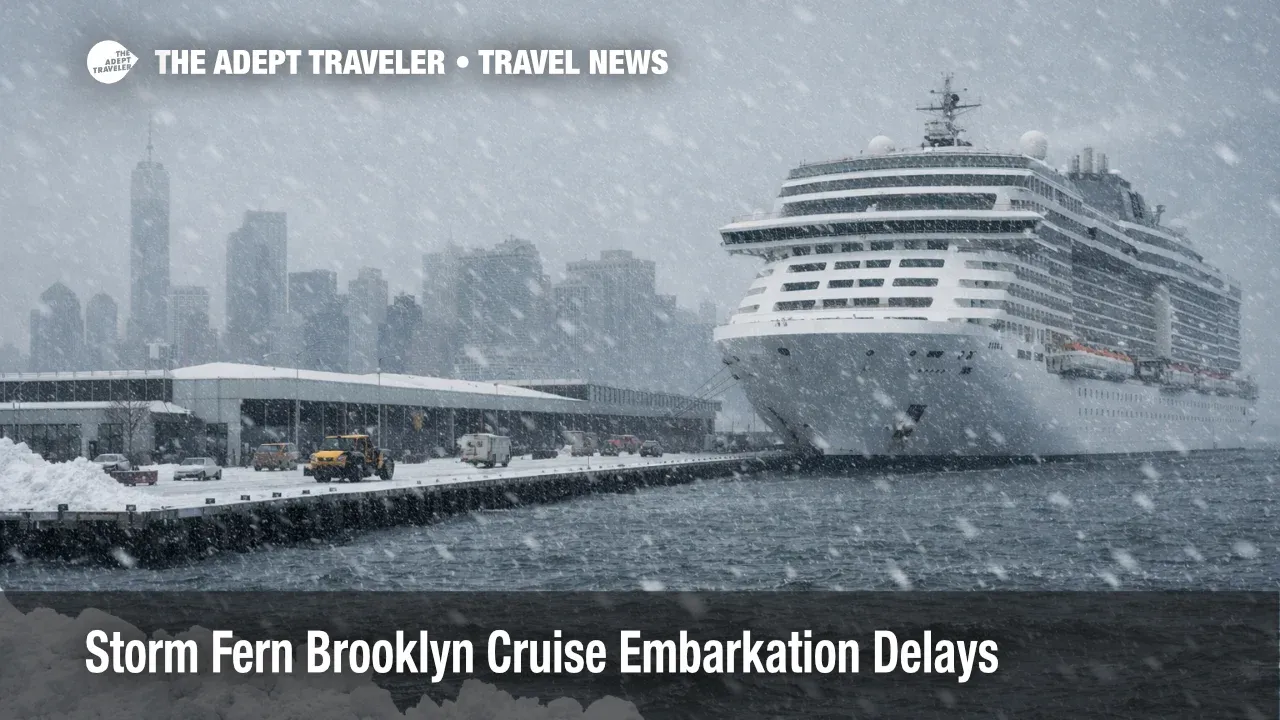 Storm Fern Brooklyn cruise embarkation, a cruise ship at Red Hook as snow and wind complicate terminal access