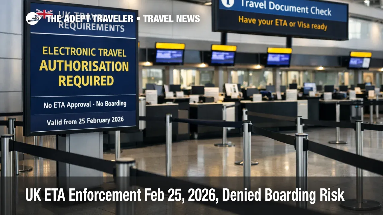 UK ETA enforcement signage at Heathrow check in warns travelers to secure approval before Feb 25, 2026 departure