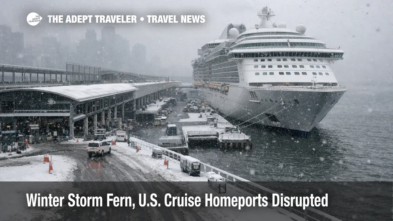  Winter Storm Fern cruise homeports, ship docks at snowy Manhattan terminal as embarkation access slows