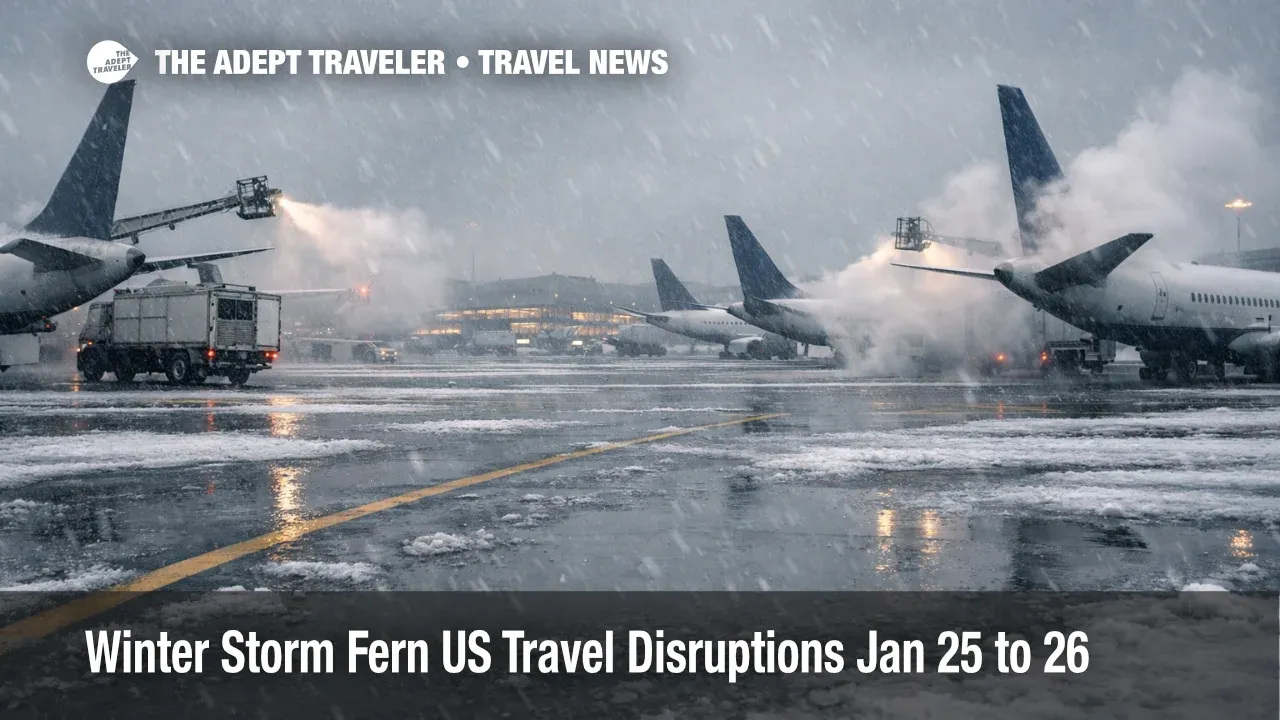 Winter Storm Fern US travel disruption shown by deicing trucks beside grounded jets at Dallas Fort Worth airport