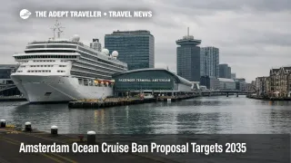 Amsterdam ocean cruise ban proposal looms as a cruise ship docks near Passenger Terminal Amsterdam under gray skies