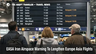 EASA Iran airspace warning prompts travelers to expect longer flight times on a hub departures board