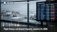 U.S. flight delays January 25 shown on an airport departures board with snowy taxiways and deicing outside