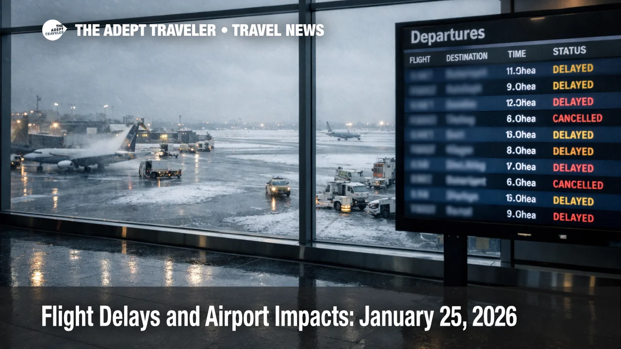 U.S. flight delays January 25 shown on an airport departures board with snowy taxiways and deicing outside