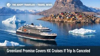 An HX ship sails past icebergs near Uummannaq as HX Greenland Promise cruises add rebooking and refund options