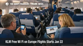  KLM free Wi Fi Europe flights, passengers use devices on board while Flying Blue login enables complimentary internet