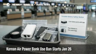 Korean Air power bank ban prep shown at Incheon check in, with taped ports and bagged batteries ready to board