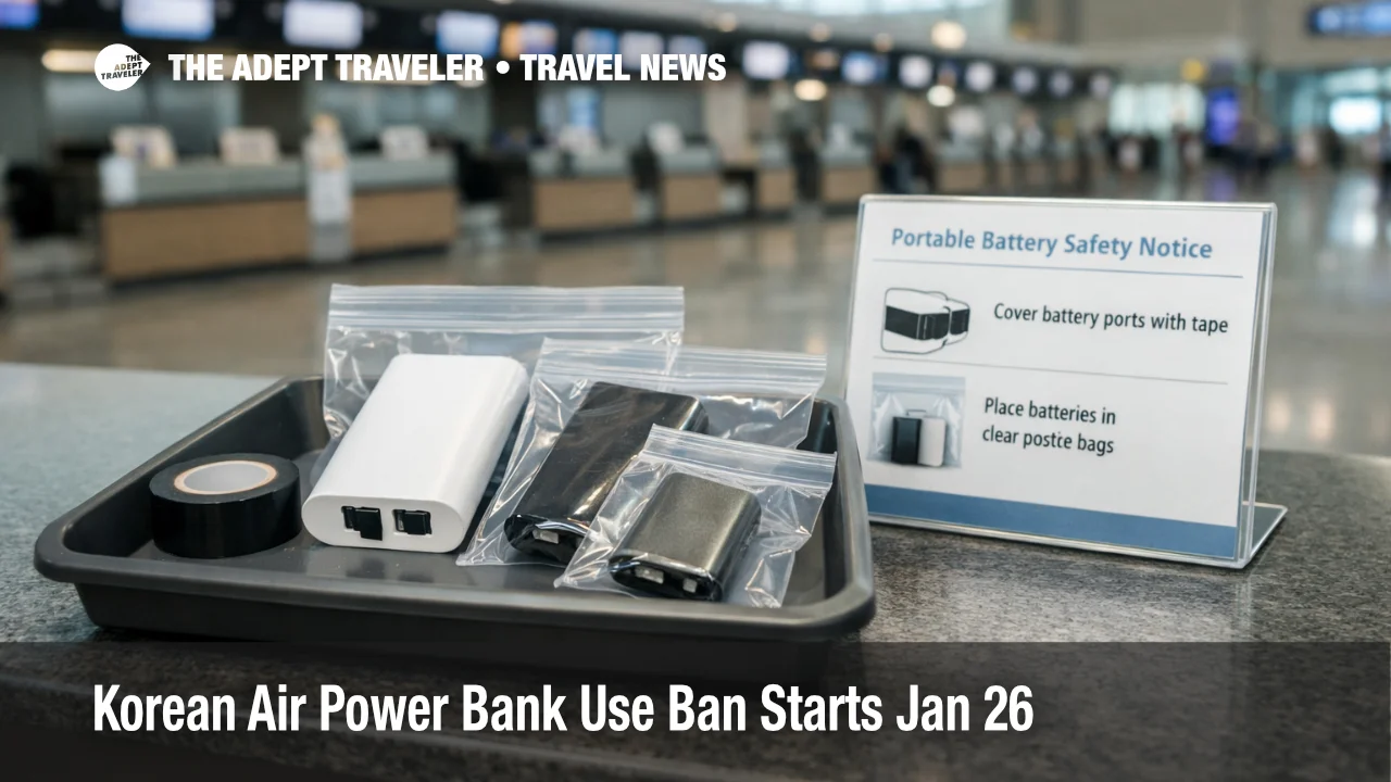 Korean Air power bank ban prep shown at Incheon check in, with taped ports and bagged batteries ready to board