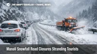 Manali snowfall road closures block the highway, with snowplows clearing lanes and vehicles stuck in deep snow