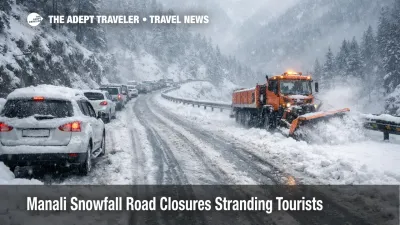  Manali snowfall road closures block the highway, with snowplows clearing lanes and vehicles stuck in deep snow