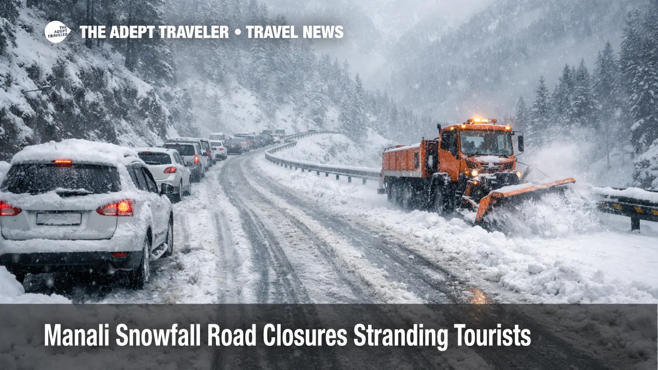 Manali snowfall road closures block the highway, with snowplows clearing lanes and vehicles stuck in deep snow