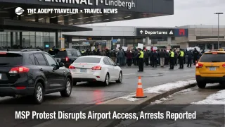 MSP airport protest access disruption shown at Terminal 1 curbside with traffic slowing and a small crowd in the distance