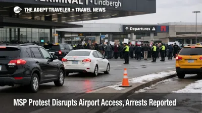 MSP airport protest access disruption shown at Terminal 1 curbside with traffic slowing and a small crowd in the distance