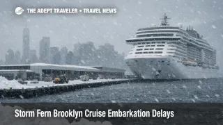 Storm Fern Brooklyn cruise embarkation, a cruise ship at Red Hook as snow and wind complicate terminal access