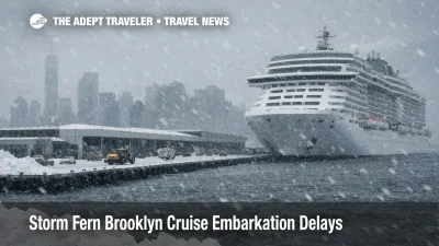 Storm Fern Brooklyn cruise embarkation, a cruise ship at Red Hook as snow and wind complicate terminal access