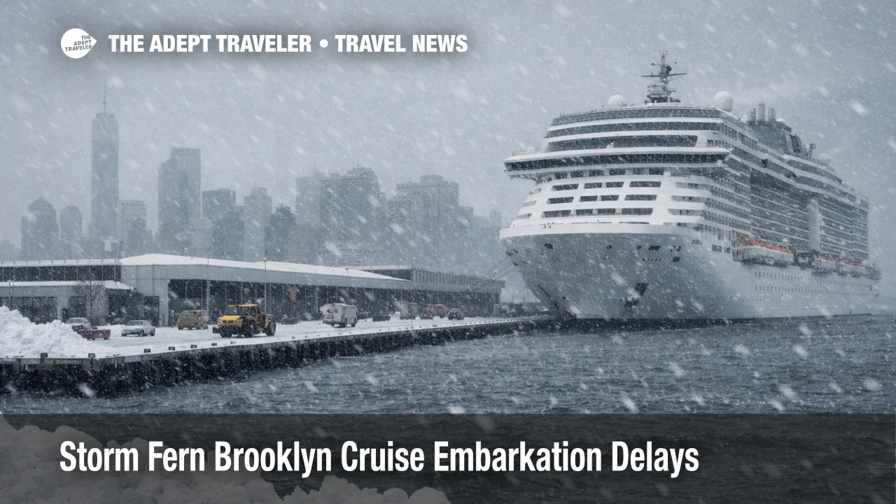 Storm Fern Brooklyn cruise embarkation, a cruise ship at Red Hook as snow and wind complicate terminal access
