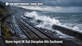 Storm Ingrid UK rail disruption at Dawlish shows waves and debris beside wet tracks, signaling closures and delays