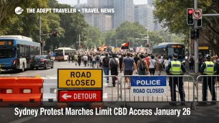 Sydney January 26 marches restrict Sydney CBD access, with barriers and diverted traffic slowing hotel and airport transfers