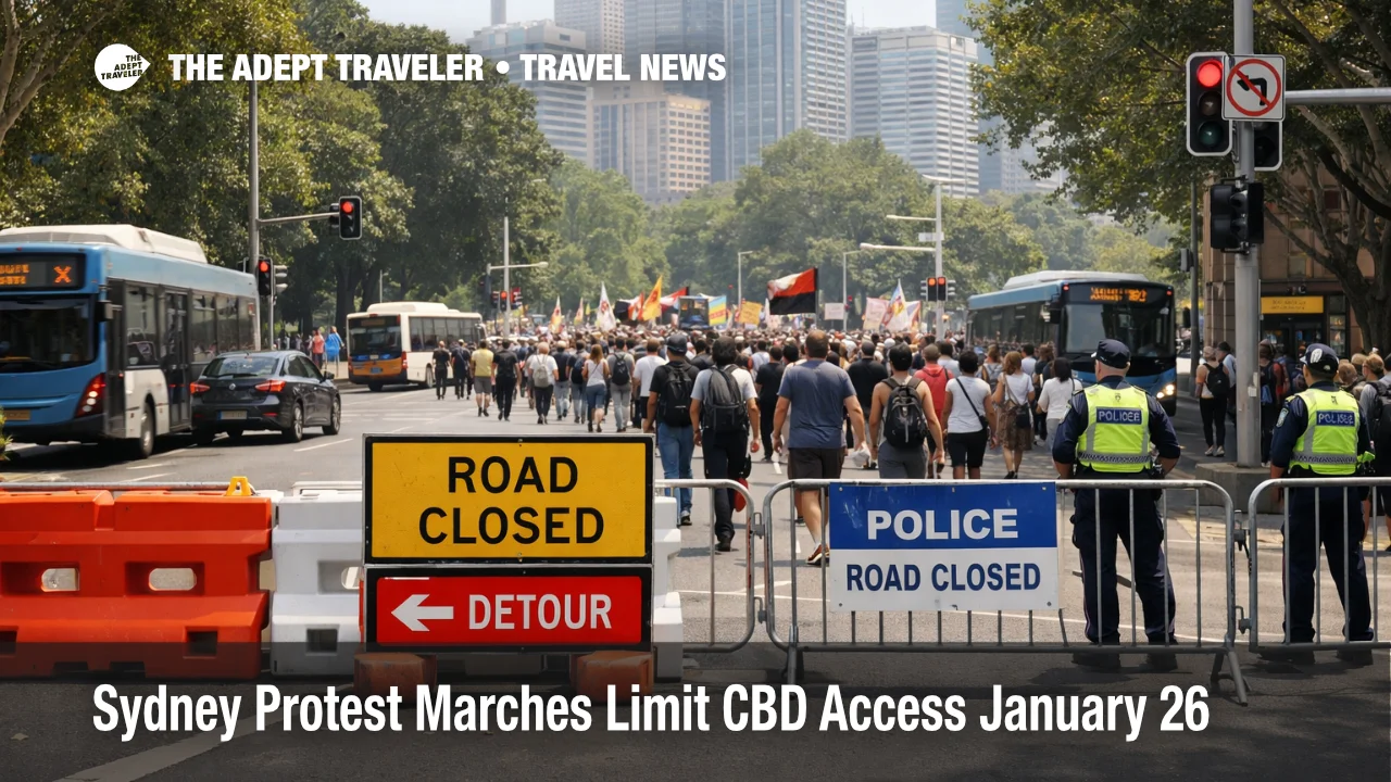 Sydney January 26 marches restrict Sydney CBD access, with barriers and diverted traffic slowing hotel and airport transfers