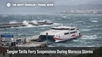 Tangier Tarifa ferry suspension shown by a moored fast ferry in rough seas at Tarifa port during storm conditions