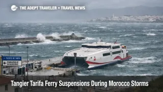  Tangier Tarifa ferry suspension shown by a moored fast ferry in rough seas at Tarifa port during storm conditions