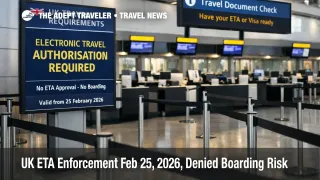 UK ETA enforcement signage at Heathrow check in warns travelers to secure approval before Feb 25, 2026 departure