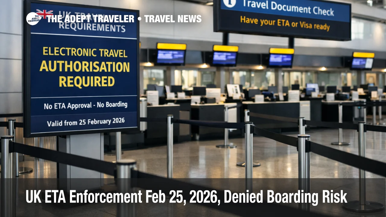 UK ETA enforcement signage at Heathrow check in warns travelers to secure approval before Feb 25, 2026 departure