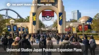 Universal Studios Japan Pokémon expansion, crowds gather at the entrance as visitors plan for future experiences
