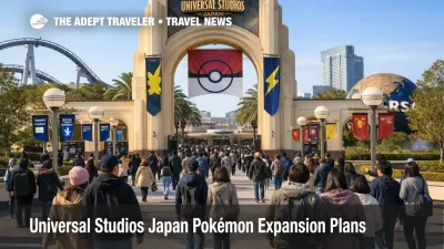 Universal Studios Japan Pokémon expansion, crowds gather at the entrance as visitors plan for future experiences