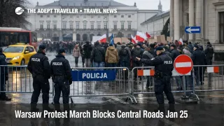 Warsaw protest march road closures, police barriers slow traffic near Krakowskie Przedmieście on Jan 25