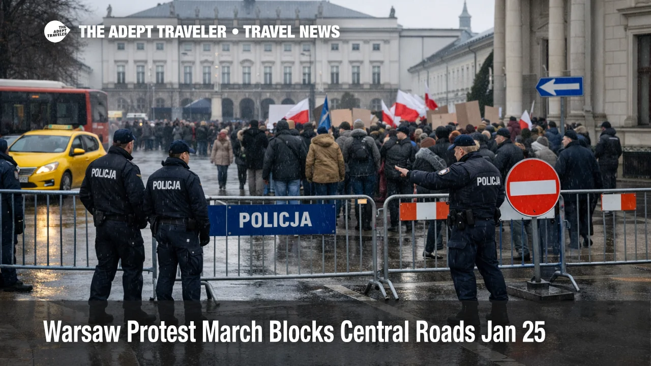 Warsaw protest march road closures, police barriers slow traffic near Krakowskie Przedmieście on Jan 25