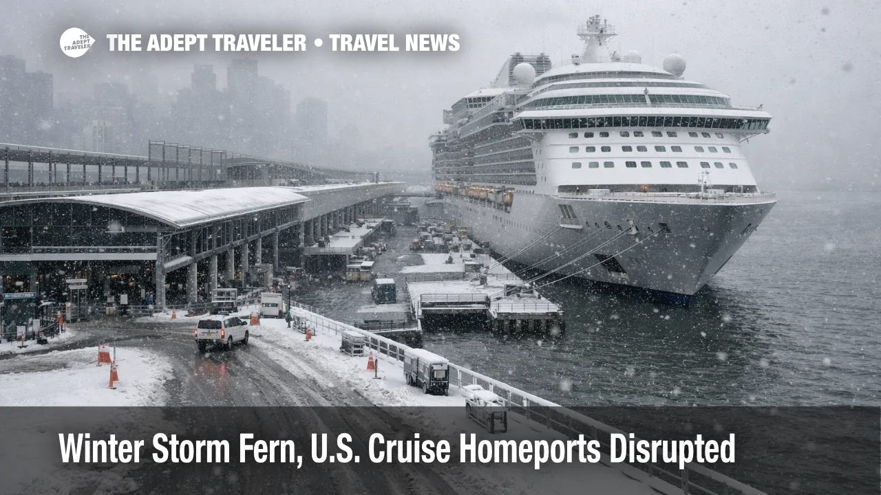 Winter Storm Fern cruise homeports, ship docks at snowy Manhattan terminal as embarkation access slows