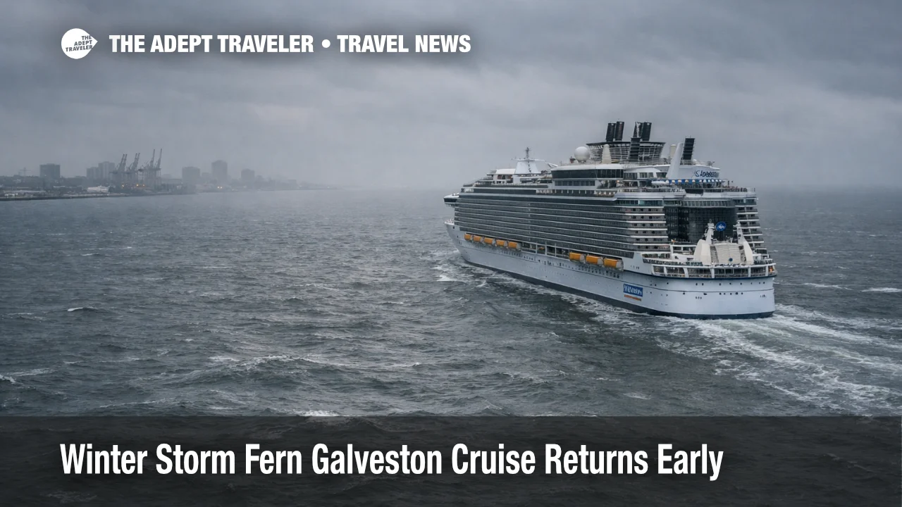 Winter Storm Fern Galveston cruise returns early as a Royal Caribbean ship heads for port under gray skies