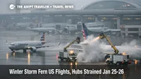 Winter Storm Fern US flights show deicing on a wet DFW ramp, signaling hub delays and cancellations
