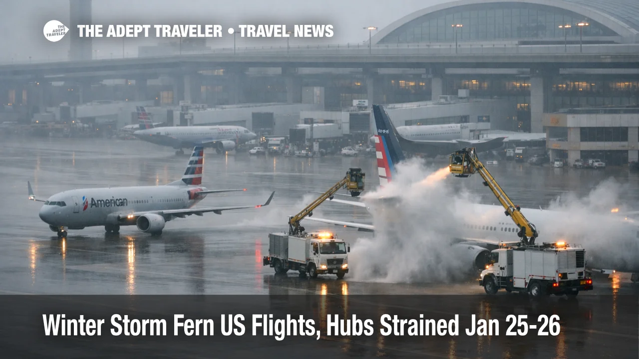 Winter Storm Fern US flights show deicing on a wet DFW ramp, signaling hub delays and cancellations