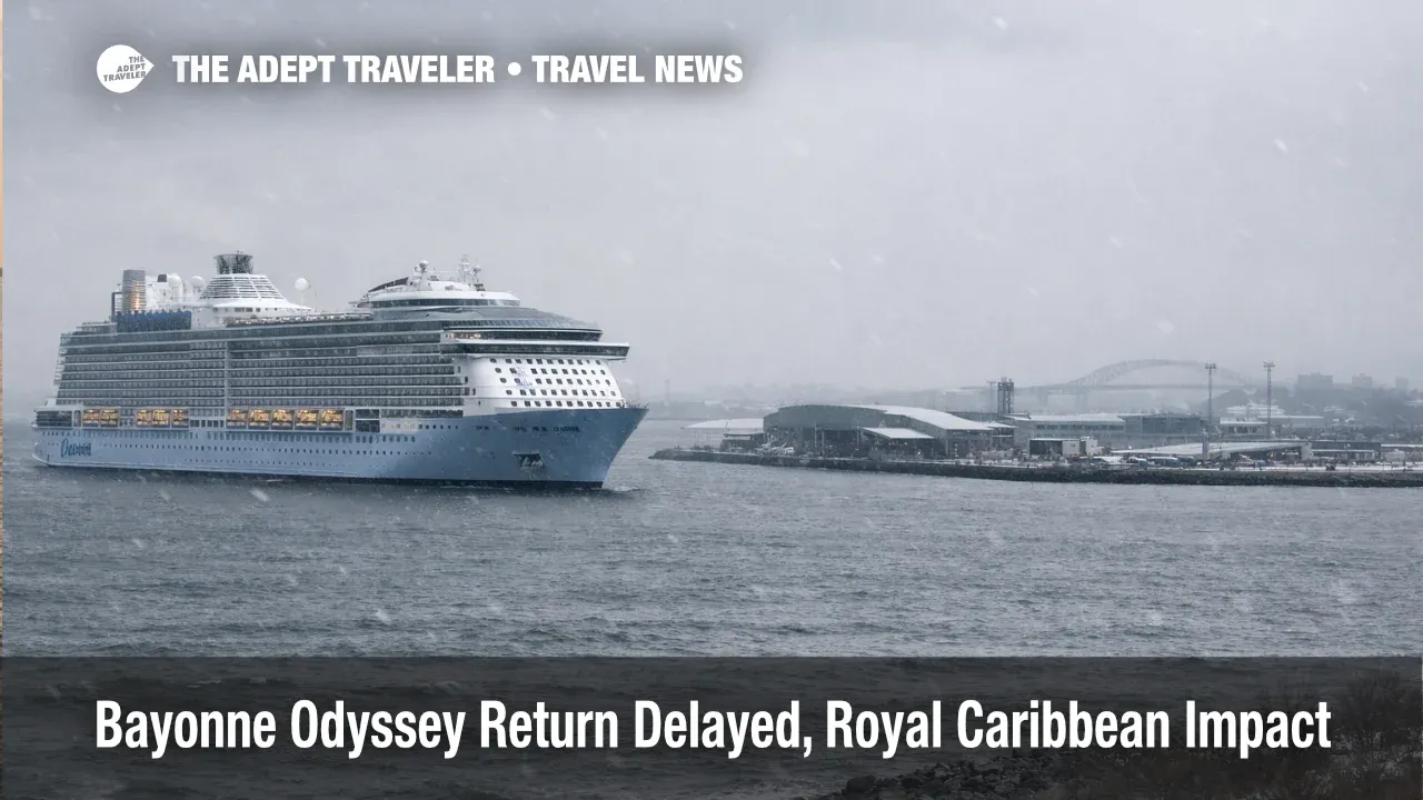 Odyssey Bayonne return delay leaves the ship offshore near Cape Liberty as winter weather disrupts disembarkation plans