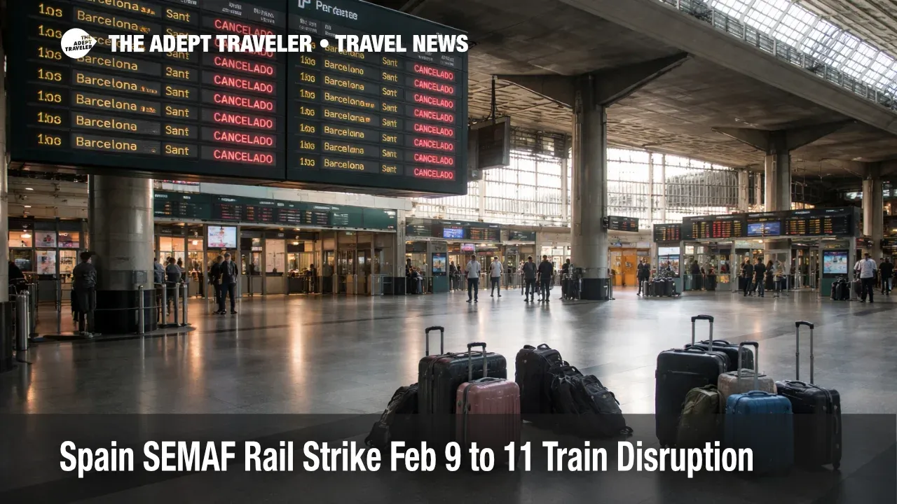 Spain rail strike Feb 9, travelers face cancellations at Madrid Atocha, with departure boards showing reduced service and delays